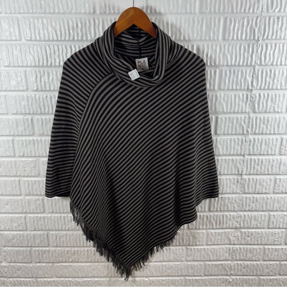Planet by Lauren G Striped Turtleneck Poncho Silver Fox O/S‎ New